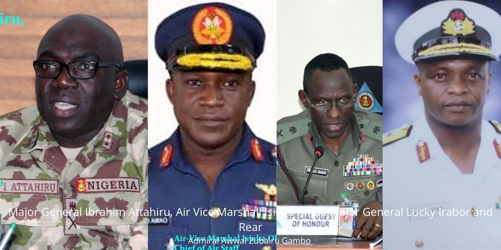 Major General Ibrahim Attahiru, Air Vice Marshall Isiaka Amao,Major General Lucky Irabor and Rear Admiral Awwal Zubairu Gambo Photo