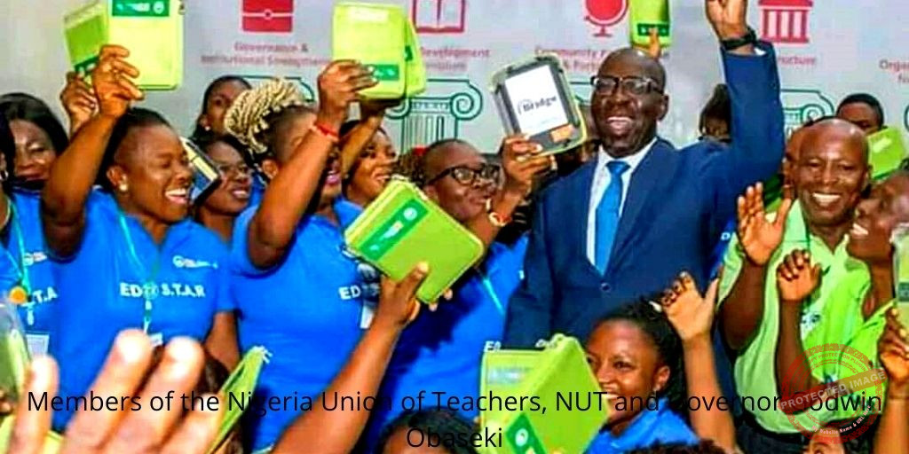 Members of the Nigeria Union of Teachers, NUT and Governor Godwin Obaseki Photo