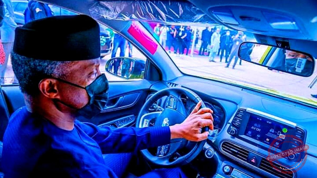 Vice President Yemi Osinbajo test-drives the Kona Electric Car Assembled in Nigeria at the Made in Nigeria Exhibition. Photo: State House