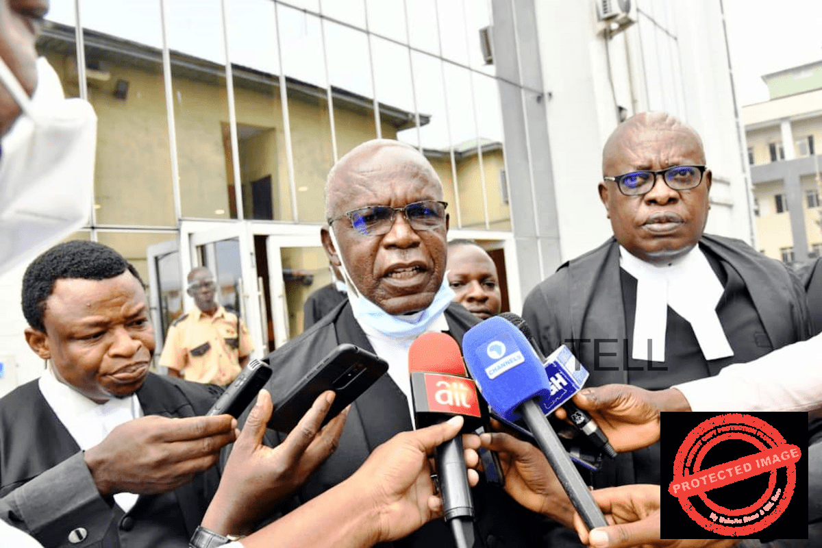 PHOTO CAPTION: Donald Chika Denwigwe, SAN (middle) lead counsel to Government of Rivers State and Ken C.O. Njemanze, SAN (left) briefing journalists after the Federal High Court in Port Harcourt on Monday declared FIRS collection of Value Added Tax in Rivers State unconstitutional.