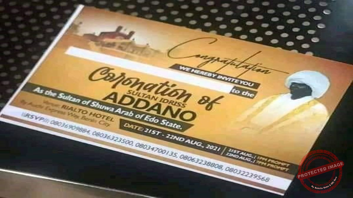invite to the coronation ceremony of Idris Adanno as Sultan of Shuwa Arabs