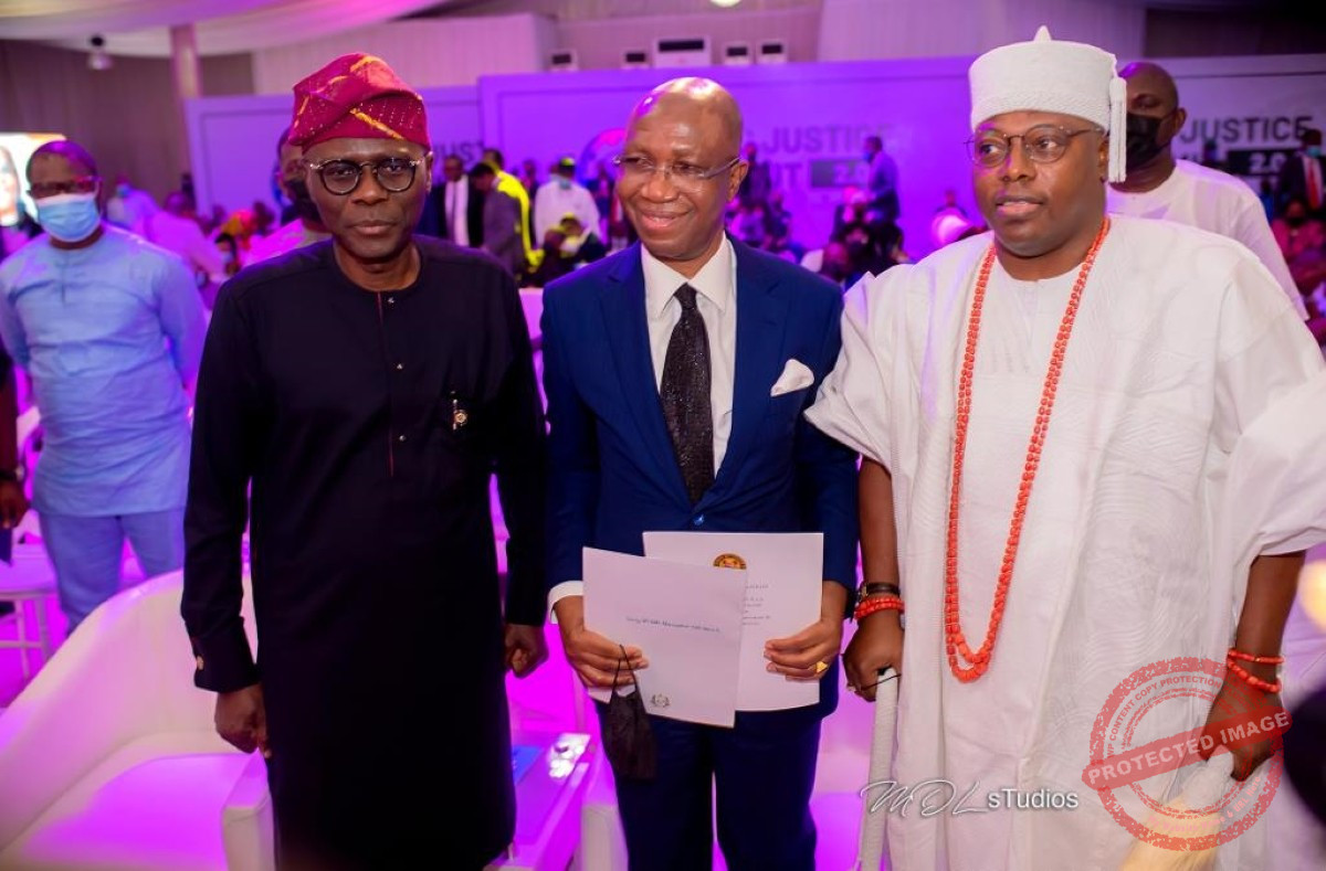 His Excellency, Mr. Babajide Sanwo-Olu, Chief Wole Olanipekun, OFR, SAN and HRM Gbolahan Lawal, Oniru of Iru Land