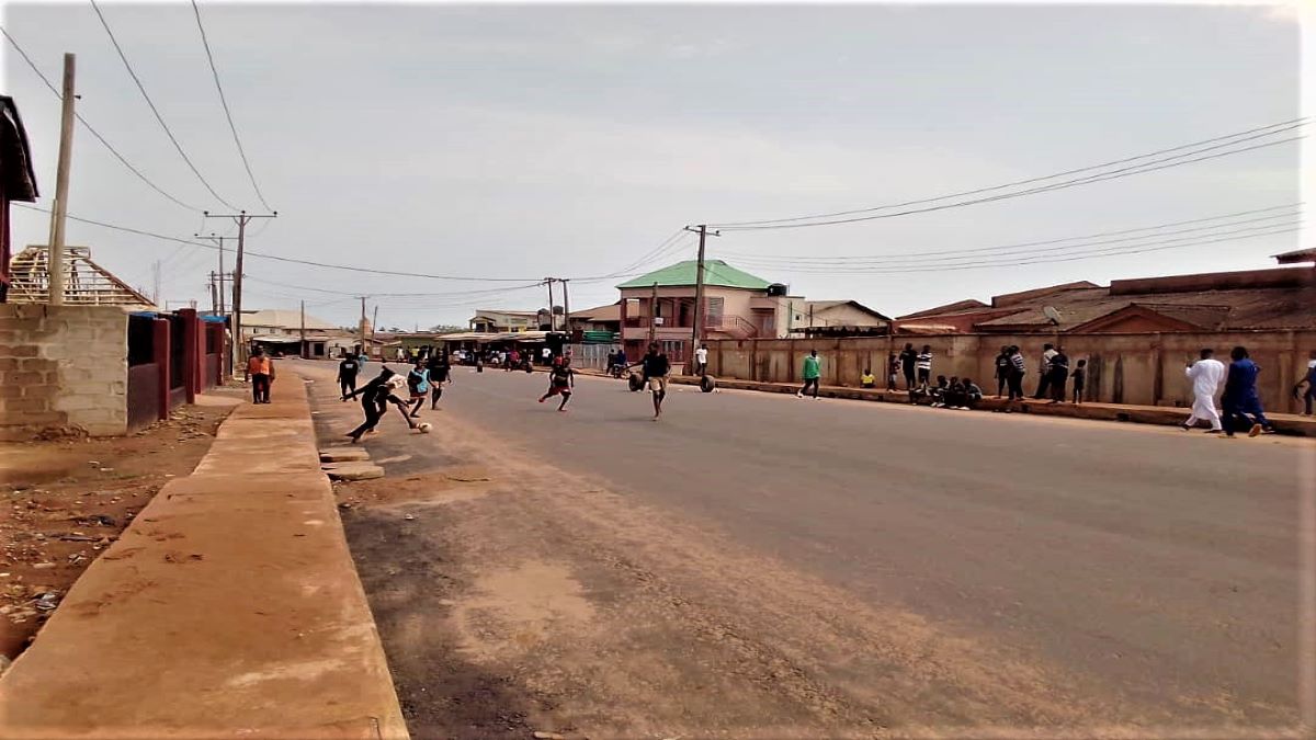 Taiye Bello Ishashi Road Akute, Ogun State young ones take to the street to play football and for okada rider it is business as usuall.